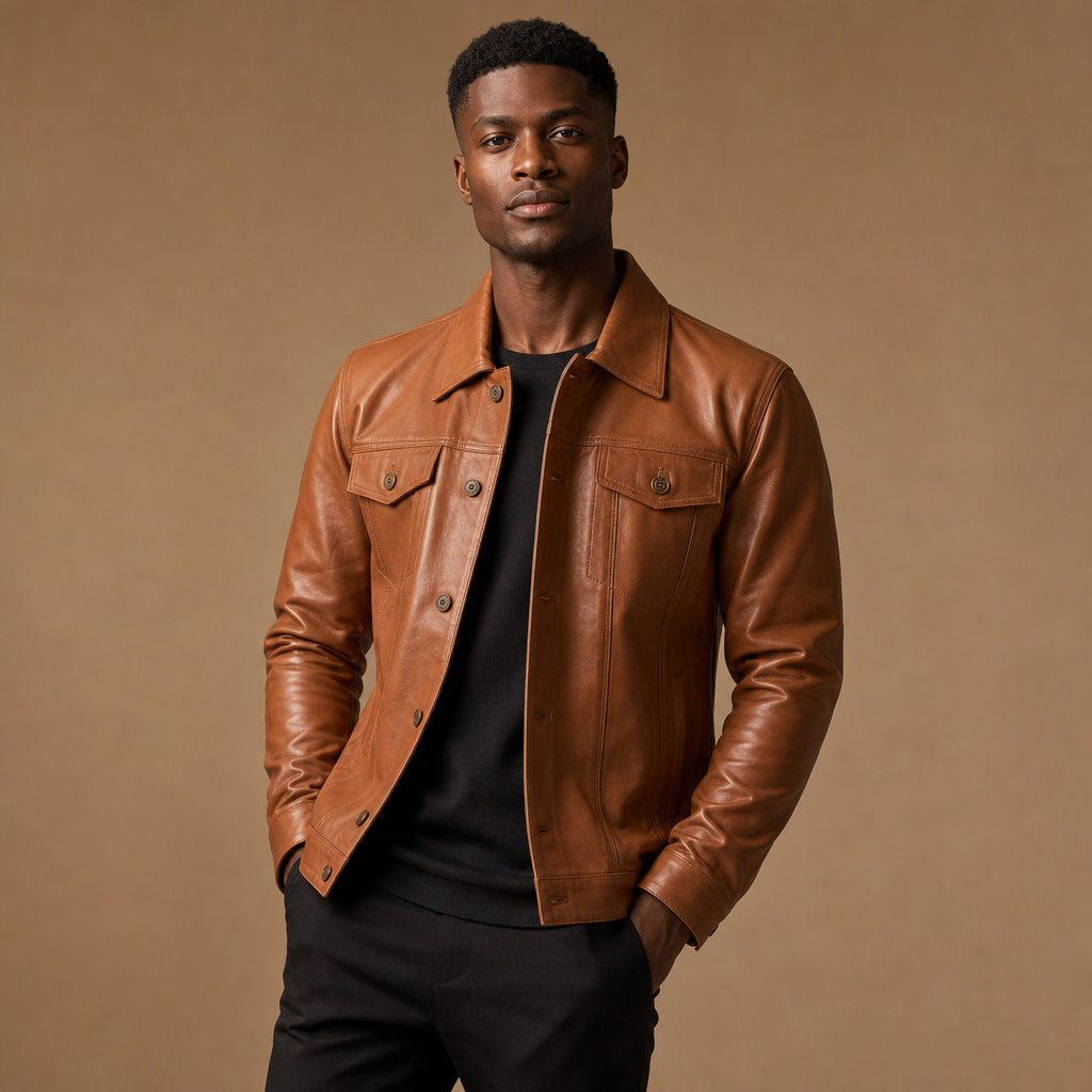 Wicked Sienna Brown Leather Trucker Jacket For Men Brown – Product Photo