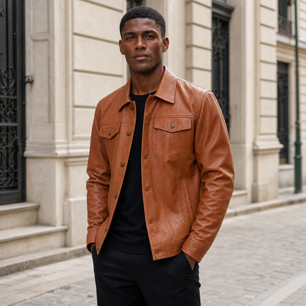 Wicked Sienna Brown Leather Trucker Jacket For Men Brown – Styled Editorial Shot