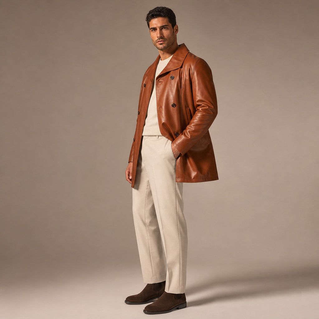 Zesty Windsor Tan Brown Double-Breasted Leather Coat For Men Brown – Side Angle View