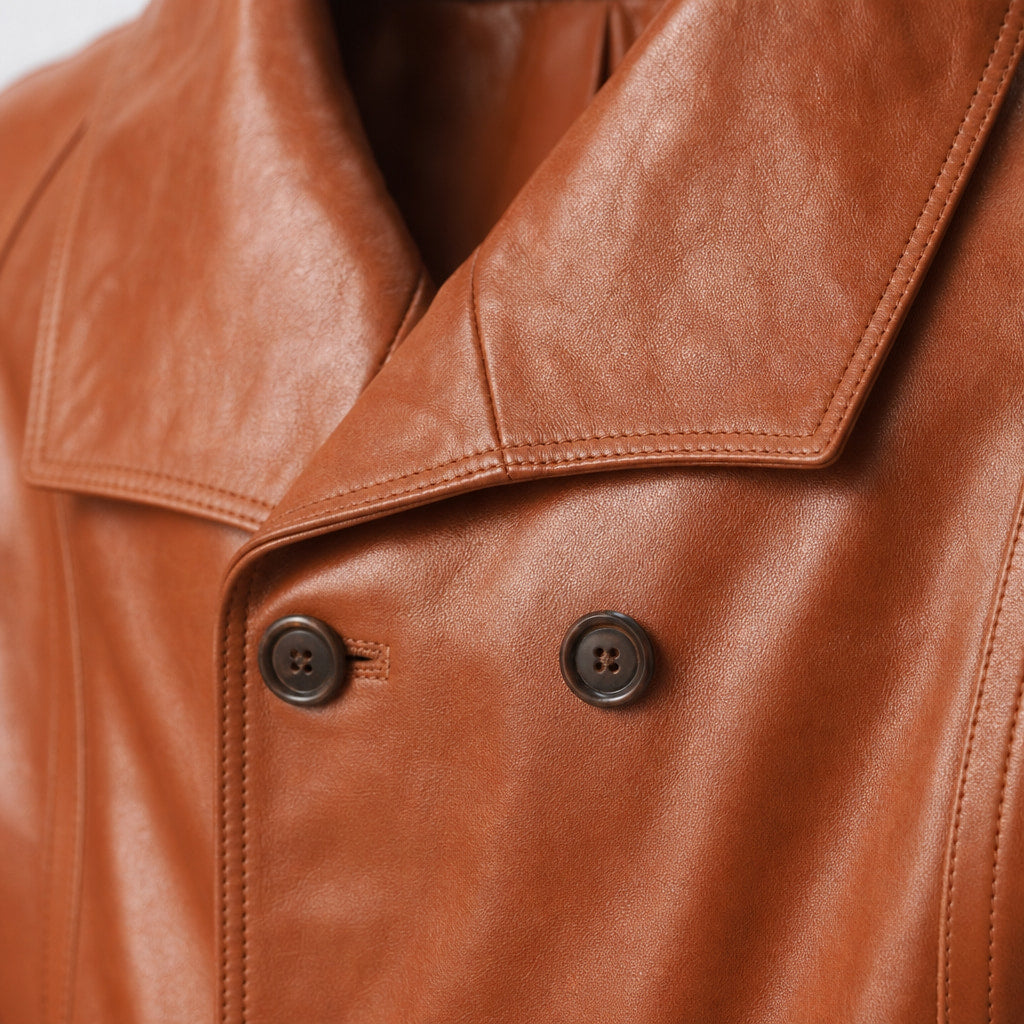 Zesty Windsor Tan Brown Double-Breasted Leather Coat For Men Brown – Fabric and Detail Close-Up