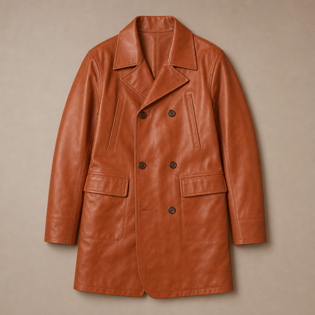 Zesty Windsor Tan Brown Double-Breasted Leather Coat For Men Brown – Flat Lay Product Photo
