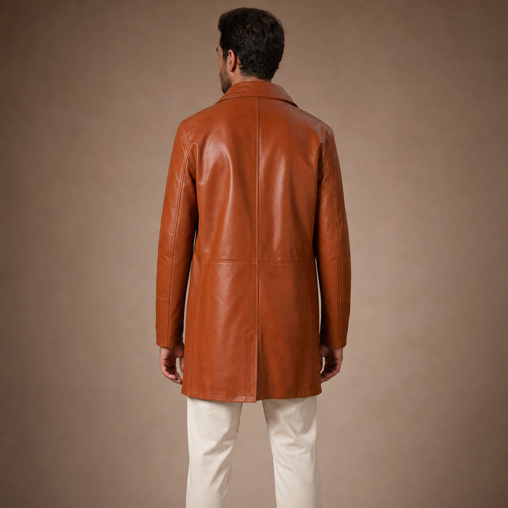 Zesty Windsor Tan Brown Double-Breasted Leather Coat For Men Brown – Full Look