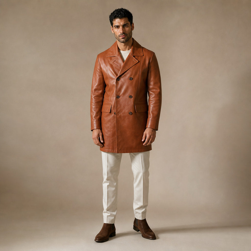 Zesty Windsor Tan Brown Double-Breasted Leather Coat For Men in Brown – Tarlano Premium Menswear