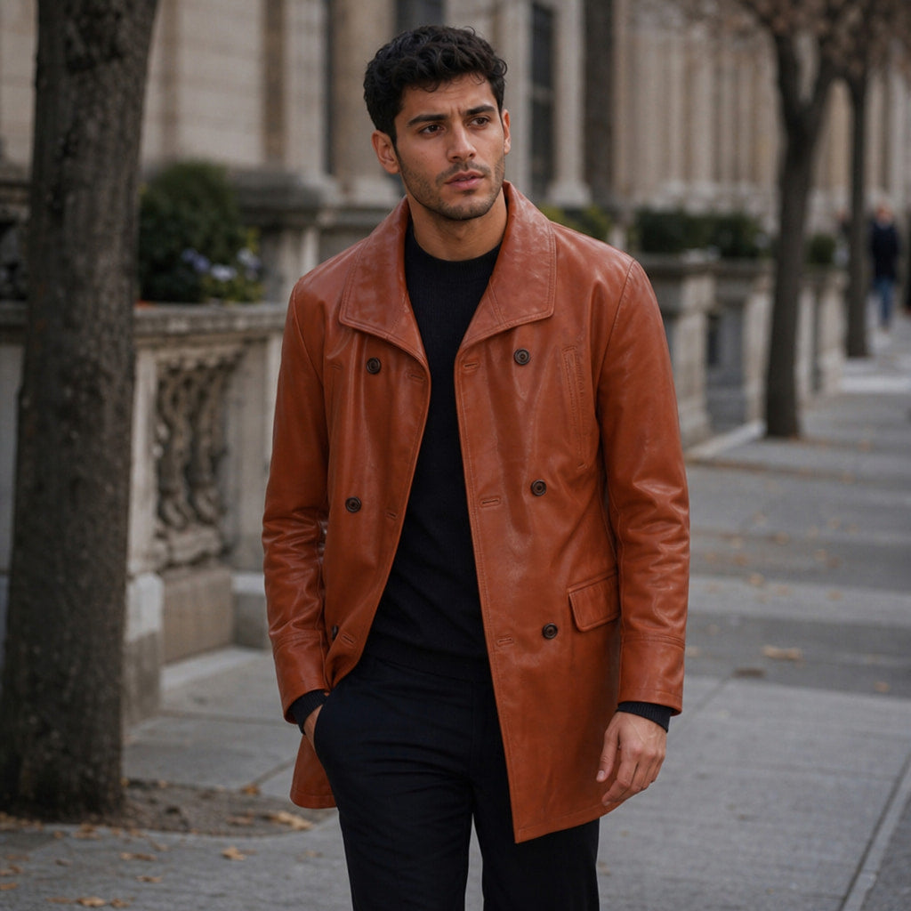 Zesty Windsor Tan Brown Double-Breasted Leather Coat For Men Brown – Styled Editorial Shot