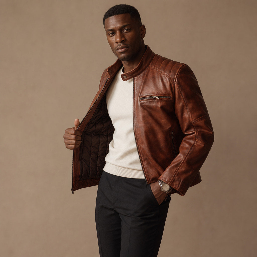 Zippy Cognac Brown Leather Cafe Racer Jacket For Men Brown – Side Angle View