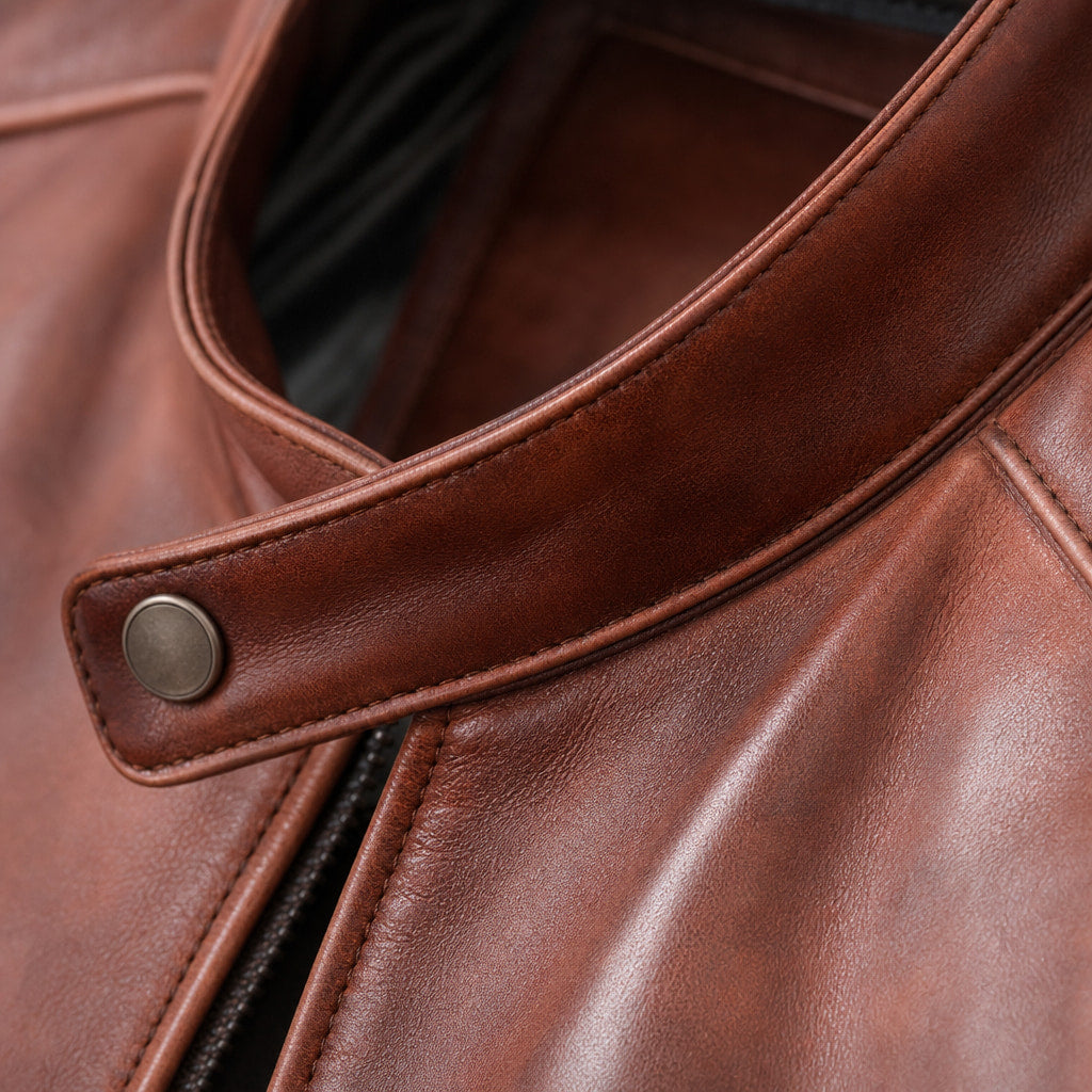 Zippy Cognac Brown Leather Cafe Racer Jacket For Men Brown – Fabric and Detail Close-Up