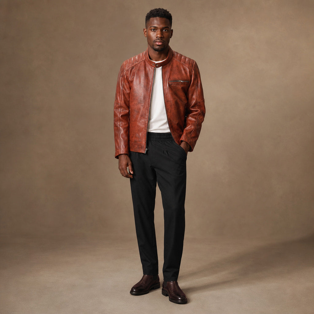 Zippy Cognac Brown Leather Cafe Racer Jacket For Men Brown – Full Look