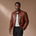 Zippy Cognac Brown Leather Cafe Racer Jacket For Men Brown – Product Photo