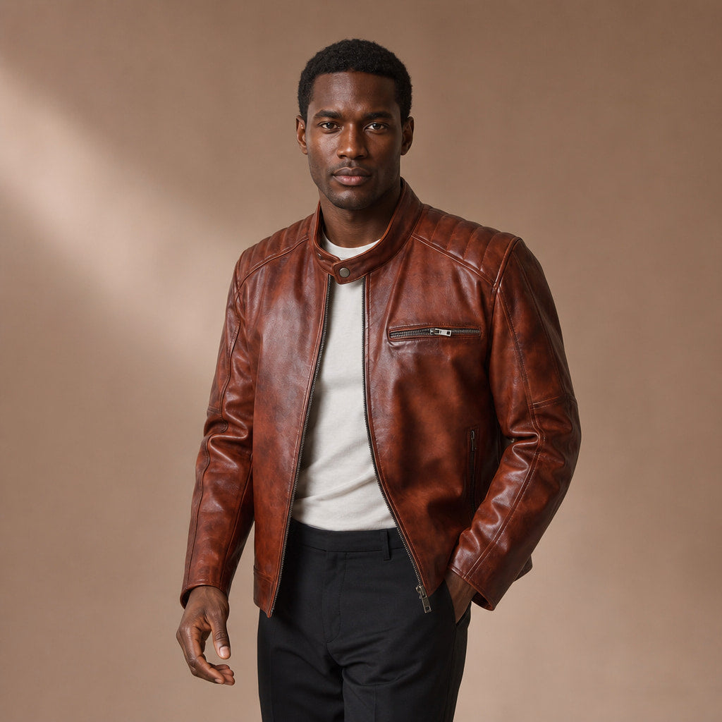 Zippy Cognac Brown Leather Cafe Racer Jacket For Men Brown – Product Photo