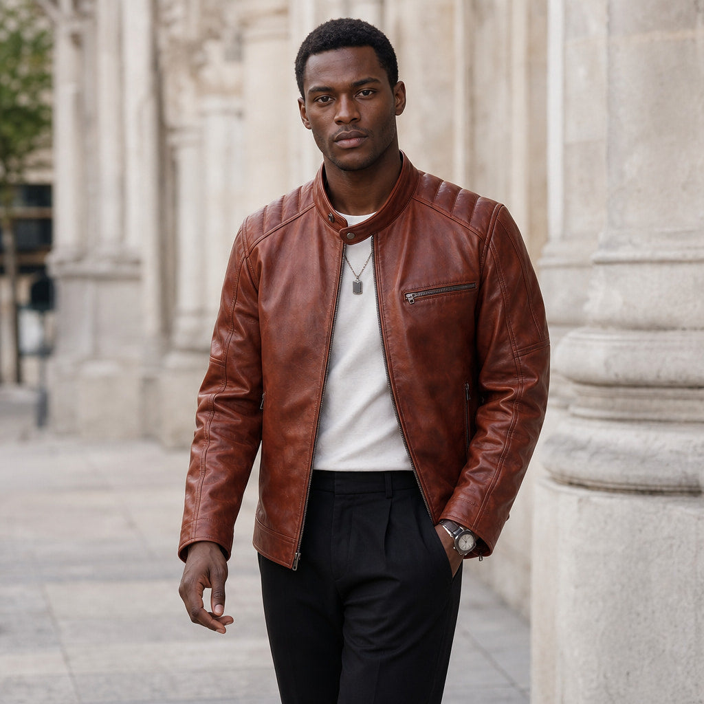 Zippy Cognac Brown Leather Cafe Racer Jacket For Men Brown – Styled Editorial Shot